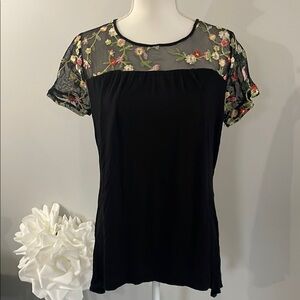 Relativity Floral Embroidered Black Top